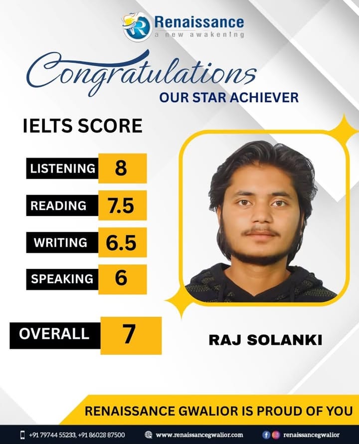 Congratulations Raj Solanki – IELTS 7 Band Achiever in Gwalior | Renaissance Educare