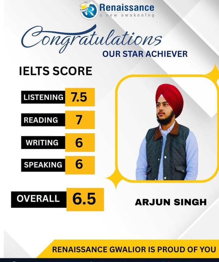 Congratulations Arjun Singh – IELTS 6.5 Band Achiever | Renaissance Gwalior