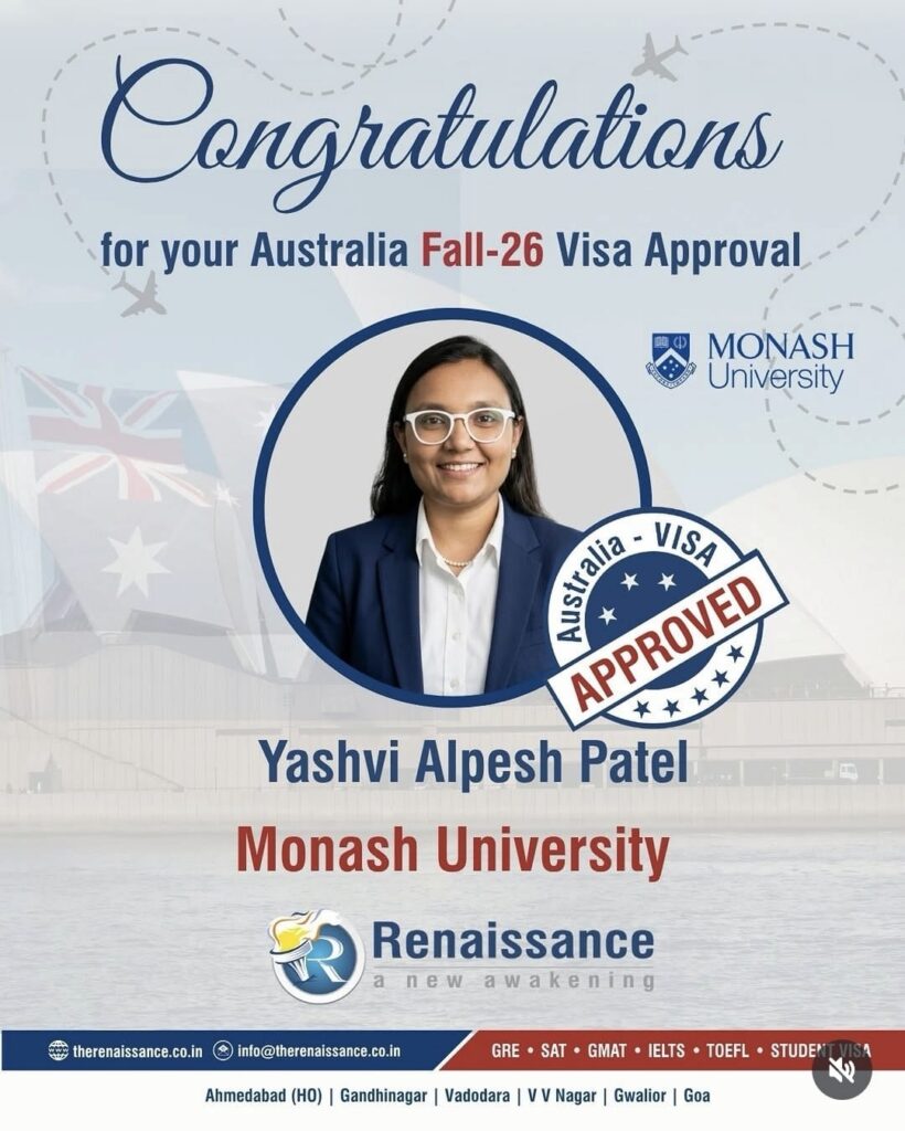 Congratulations Yashvi Alpesh Patel – Australia Student Visa Approved | Renaissance Educare