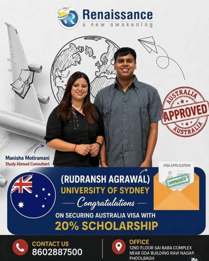 Congratulations Rudransh Agrawal – Australia Student Visa Approved with 20% Scholarship | University of Sydney | Renaissance Educare